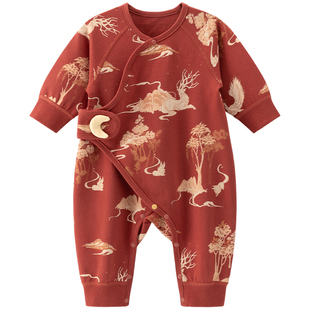 木生棉春季新生儿纯棉连体衣喜庆哈衣宝宝红色婴儿满月百天衣服
