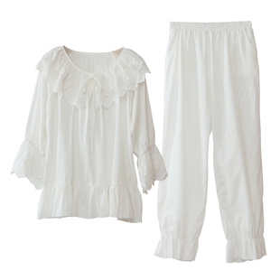 公主风白色纯棉日系睡衣女两件套女仙女风薄款长袖可爱家居服春秋