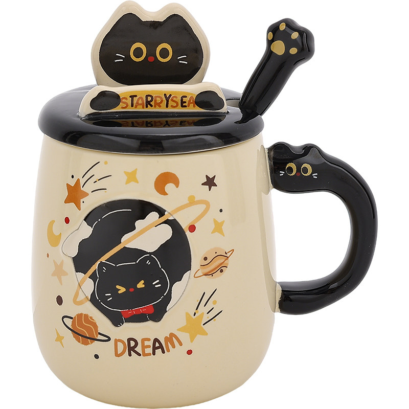 可爱猫咪马克杯带盖带勺精致漂亮喝水杯子陶瓷咖啡杯早餐杯情侣杯
