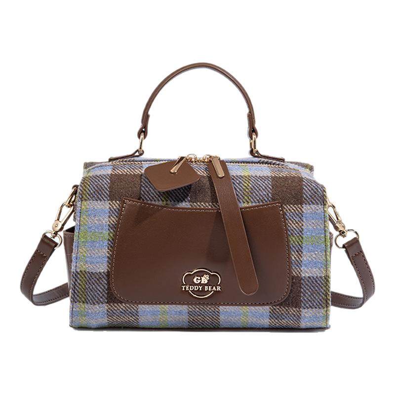 泰迪熊格纹波士顿轻奢斜挎女包