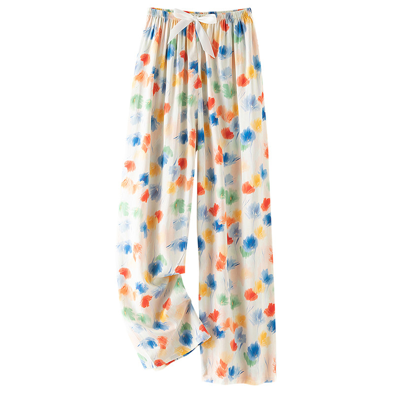 新款棉绸睡裤女夏季薄款宽松人造棉阔腿裤可外穿家居防蚊九分长裤