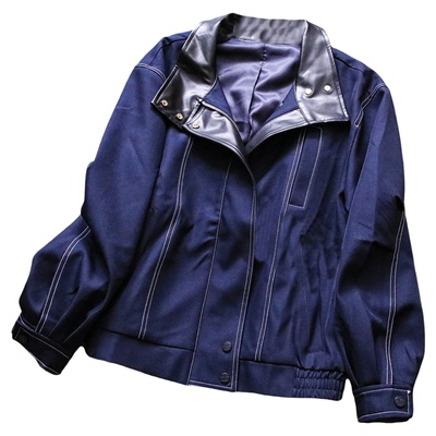 法式廓形撞色宽松拼皮立领女外套