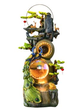 落地流水摆件循环水孔雀生财客厅电视柜旁店铺招财风水轮装饰品