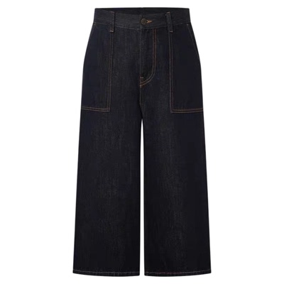 春品中腰洗旧蓝黑牛仔七分裙裤