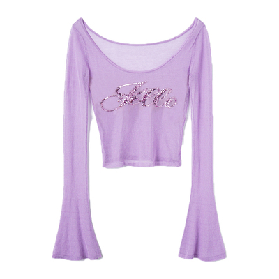 淡烟紫银丝JELLO亮片针织上衣