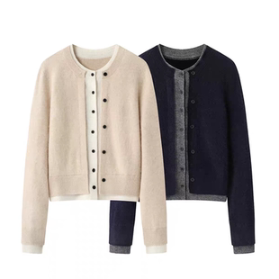 正品秋新品绵羊毛山羊绒拼接短款针织开衫假两件MBD3CAR001