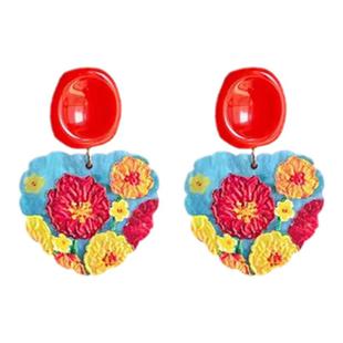 旅游度假温柔文艺耳环复古油画风花海森系气质耳钉夸张耳夹无耳洞