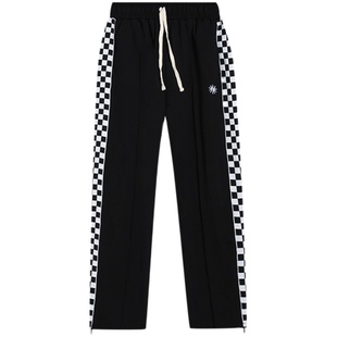 GETWITHIT棋盘格子拼接侧边织带拉链运动街舞宽松直筒垂坠感长裤