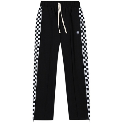 GETWITHIT棋盘格子拼接侧边织带拉链运动街舞宽松直筒垂坠感长裤