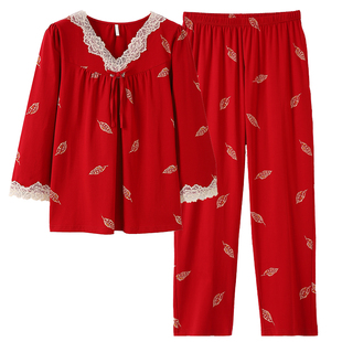 大红色睡衣女士春秋款纯棉V领长袖家居服冬季大码本命年结婚套装