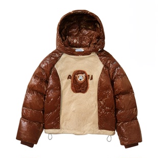 Mitti童装冬款女童纯色连帽羽绒服男童短款厚外套儿童亮面羽绒服