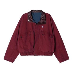 【马年限定 双面穿】Unvesno(UN)怀旧红洗褪马年满印皮领短阔夹克