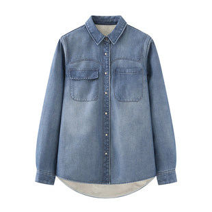 加绒天丝牛仔衬衣女秋冬季新款长袖休闲百搭加厚保暖叠穿打底衬衫