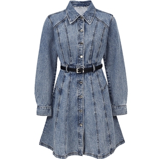 ONLY2026春季新款A字收腰设计翻领隐形斜插口袋短款牛仔连衣裙女