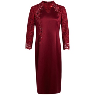 商场同款皮尔卡丹女装秋季新款刺绣轻奢宴会礼服连衣裙