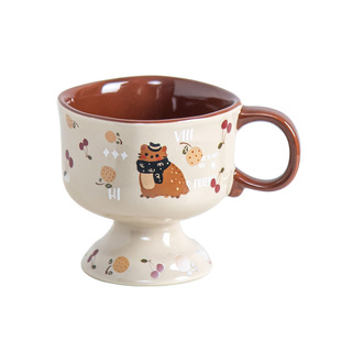 纪恋复古高脚马克杯陶瓷杯子2024新款女生日礼物早餐咖啡拉花杯