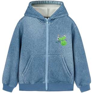 [力安同款]woobaby儿童仿牛仔软丹宁远红外发热加绒卫衣25冬套装