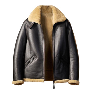 HMS绵羊皮毛一体B6轰炸机空军飞行夹克休闲冬男士皮衣外套真皮