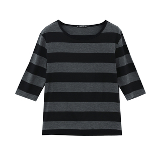 2025春季新款中袖t恤女上衣大码宽松圆领条纹打底衫女胖MM七分袖
