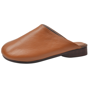 头层牛皮半托鞋春秋真皮低跟软底外穿半拖鞋一脚蹬懒人孕妇妈妈鞋