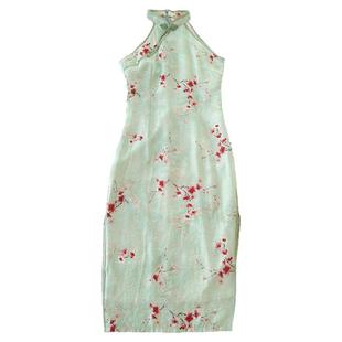 无袖旗袍2026新款夏季女挂脖绿色印花年轻款连衣裙日常修身可穿夏