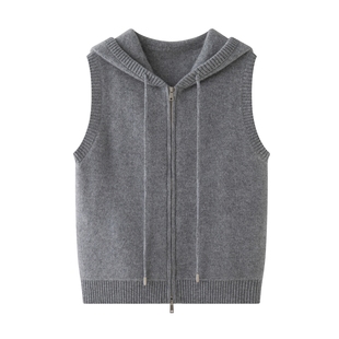 时髦洋气山羊绒马甲女连帽拉链针织背心宽松软糯减龄无袖毛衣坎肩