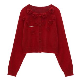 MAMC玫瑰花短款开衫毛衣2024秋冬新款红色高级洋气针织衫长袖外套