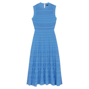 Maje2026早春新款女装法式菱形提花波浪纹镂空高腰线度假连衣裙