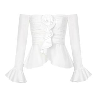 孙怡同款CEE CUBED白色立体花朵一字肩喇叭袖衬衫高级感修身上衣