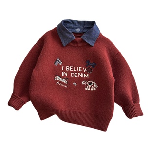 男童红色拜年服毛衣喜庆儿童加厚内搭针织衫中小童新年秋冬毛线衣