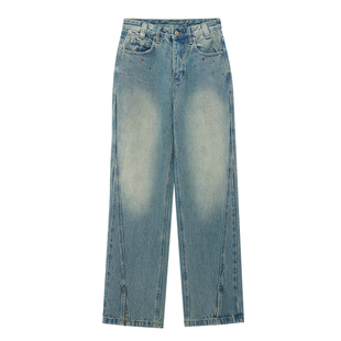 REMOULD 2025年春季新款复古蓝原创设计感钉珠钻直筒开叉牛仔女裤