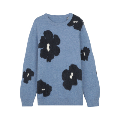 撞色花朵图案慵懒圆领毛衣