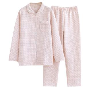 简约格子情侣睡衣男女秋冬季纯棉三层保暖夹棉长袖开衫家居服套装