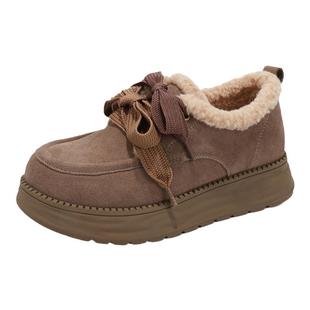 GNC复古棕色加绒防滑毛毛鞋女2025春新款真皮舒适鞋休闲萌宠棉鞋
