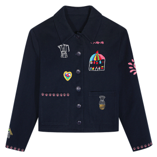 落落狷介 外套女款秋2026新款藏青色刺绣设计感短外套小个子秋装