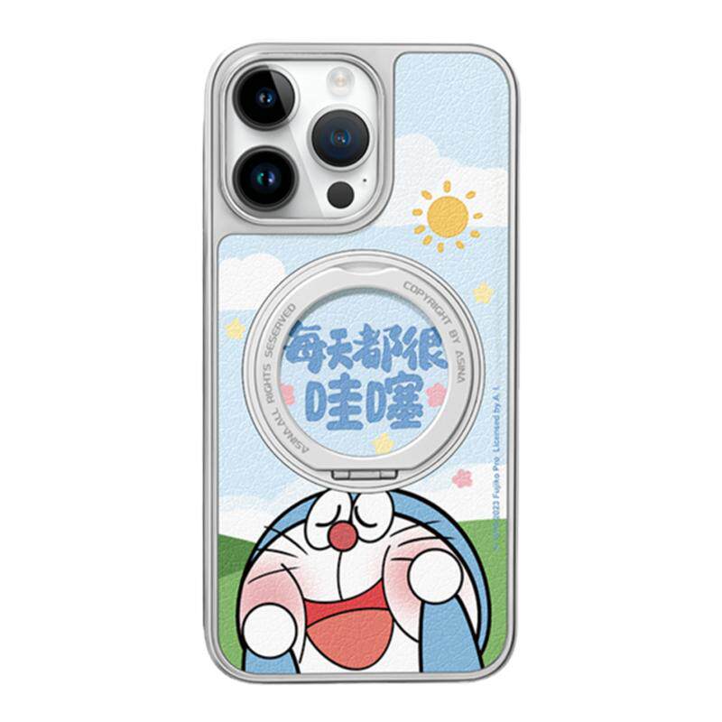 哇噻叮当猫适用苹果17Promax手机壳新款旋转磁吸带支架iPhone16Pro保护套支点ip15超火14可爱女13pm全包仿皮