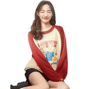 [帕丁顿熊联名]唐狮过年红色毛衣新款女圆领毛衣日系慵懒风上衣