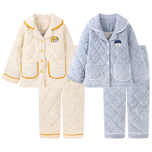 卡通三层夹棉睡衣情侣装一男一女冬季加厚款保暖珊瑚绒家居服冬天