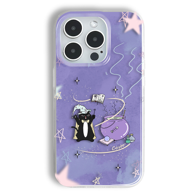 Casto原创新款紫色魔法猫咪iPhone16promax手机壳小众亮面双层印花IMD适用苹果15p/14/13可爱防摔手机保护套