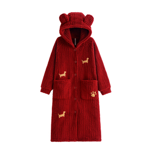 悦内情侣睡袍女睡衣男款秋冬季加厚加绒珊瑚绒红色本命年长款保暖