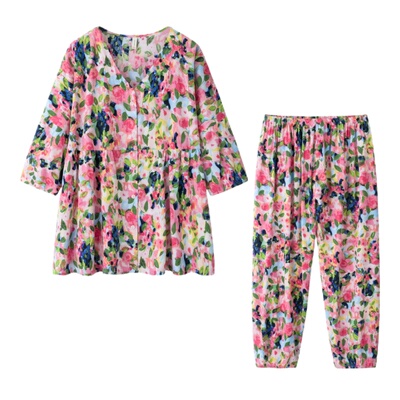 加大码人造棉绸V领开衫睡衣套装