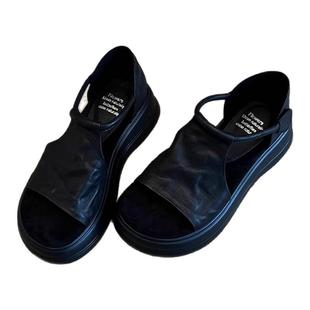 羊皮版~厚底黑色凉鞋女2025新款夏季超火绝美罗马增高法式凉拖鞋