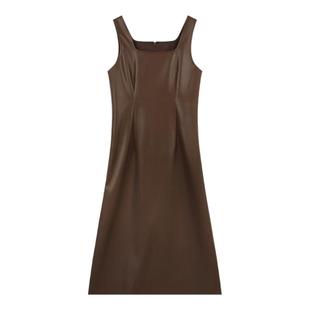 弥古咖色pu皮裙连衣裙女高级感春季外穿美拉德裙子修身无袖背心裙