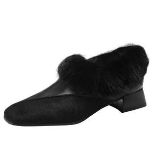 秋冬季新款加绒保暖方头小皮鞋低跟水貂毛深口单鞋毛毛鞋真皮女鞋