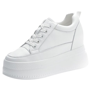 香港超高跟女鞋新款全牛皮坡跟9cm运动厚底单鞋真皮内增高小白鞋