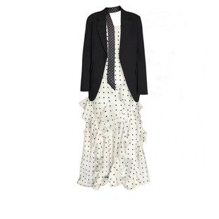 两件套装女早春新款显瘦黑色西服外套+黑色飘带+波点连衣裙套装女
