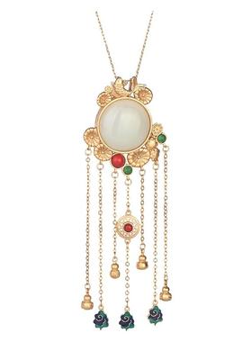 创意设计国潮古法镀金景泰蓝滴釉镶嵌仿和田玉流苏款古风旗袍项链