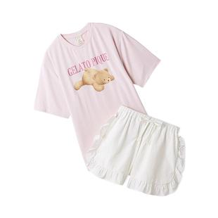 gelato pique25夏季新品女睡眠小熊褶边短裤睡衣套装PWCT252361