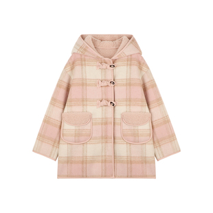 Amybaby女童外套冬季2025新款保暖加绒中长款格纹连帽呢子大衣