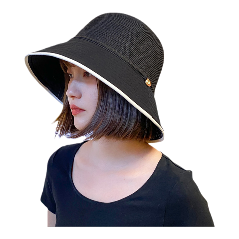 百搭渔夫帽子女夏天日系布草结合草帽可折叠草编拼接遮阳盆帽潮